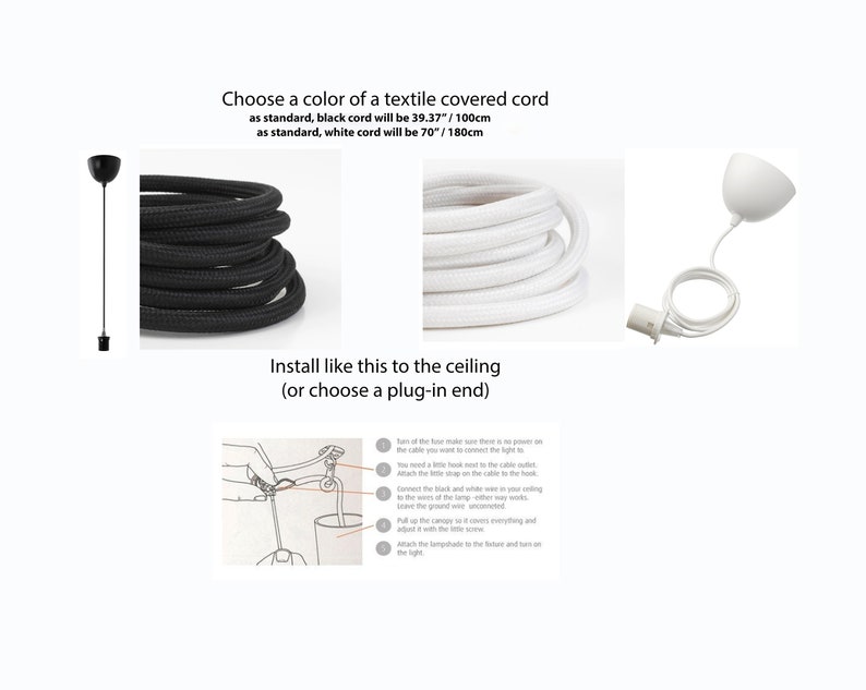 May include: A black and white textile cord for a pendant light fixture. The cord is shown coiled and hanging from a ceiling hook. The image includes instructions for installing the light fixture.