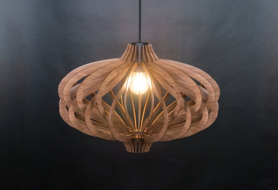 Wooden pendant light, ribbed sculptural shade for kitchen, modern ceiling fixture