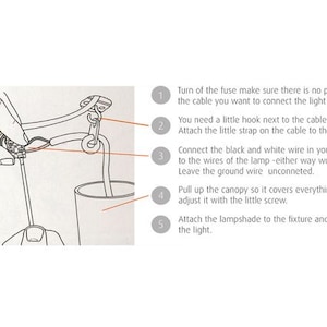 May include: A diagram showing how to install a ceiling light fixture. The diagram shows a hand holding a wire and connecting it to a hook. The steps are numbered 1 through 5 and include instructions for connecting the wires, attaching the canopy, and turning on the light.