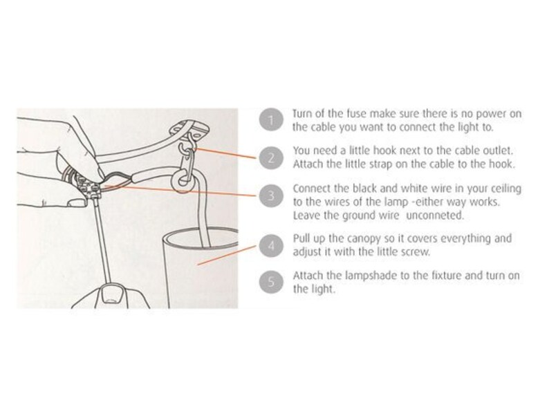 May include: A diagram showing how to install a ceiling light fixture. The diagram shows a hand holding a wire and connecting it to a hook. The steps are numbered 1 through 5 and include instructions for connecting the wires, attaching the canopy, and turning on the light.