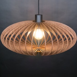 May include: A wooden pendant light fixture with a circular, open-weave design. The light fixture is suspended from a black cord and has a black metal canopy.