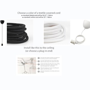 May include: Images showcasing a black and white textile-covered cord for a pendant light. The black cord is 39.37 inches long, and the white cord is 70 inches long. Instructions on how to install the light fixture are also included.