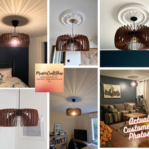 May include: A wooden pendant light fixture with a unique design. The light is made of thin wooden slats that are arranged in a circular pattern. The light is shown in several different rooms, demonstrating its versatility.