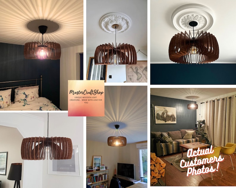 May include: A wooden pendant light fixture with a unique design. The light is made of thin wooden slats that are arranged in a circular pattern. The light is shown in several different rooms, demonstrating its versatility.