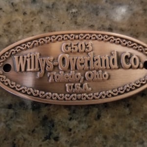 JEEP G503  Willys - Overland Co. Antique Copper Emblem Plate