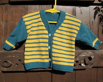 Adorable green and yellow striped unisex children's cardigan - perfect for autumn/winter/Christmas gift