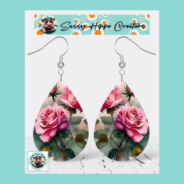 Earrings Pink Roses Flowers Printed on MDF with Hook Backs Hand Sublimated by Sassy Hippo Creations