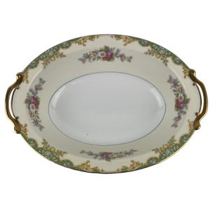Cuenco ovalado para verduras Noritake Jacquin, estilo vintage, de 26 cm, con diseño floral multicolor y borde verde con ribete dorado. Hecho en Japón.