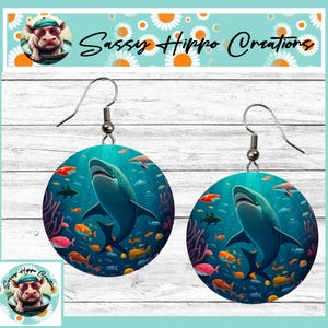 Earrings Round Silver Hook Backs Shark Ocean Colorful Fish Printed on MDF Hand Sublimated by Sassy Hippo Creations