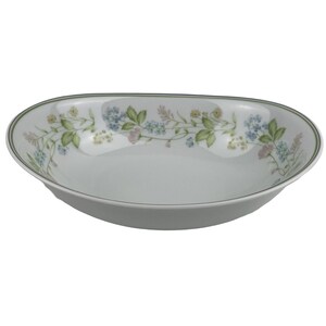 Cuenco ovalado para servir verduras Noritake Essence de 10&quot; Vintage 2606 con banda verde floral multicolor y borde platino Fabricado en Japón