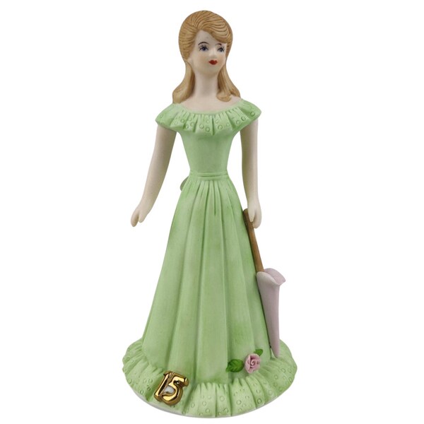 Enesco Growing Up Figurine 15th Birthday Girl Blonde Green Dress Pink Parasol Vintage 1982