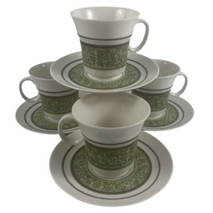 Noritake Moon Valley Cups and Saucers Set of 4 Vintage Expression Green Flowers and Scrolls 7044 Made in Japan