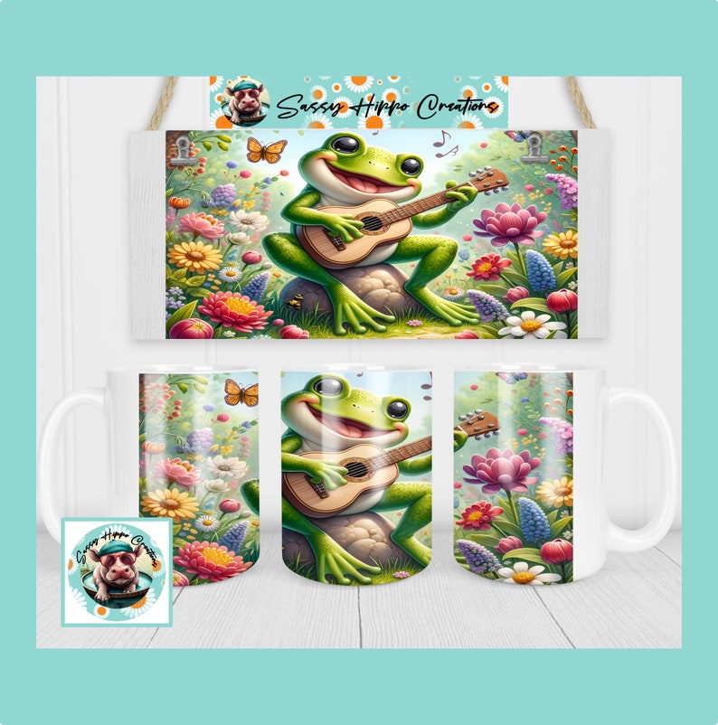 Ceramic Coffee Mug Musical Frog Guitar Spring Flowers 15oz Hand
