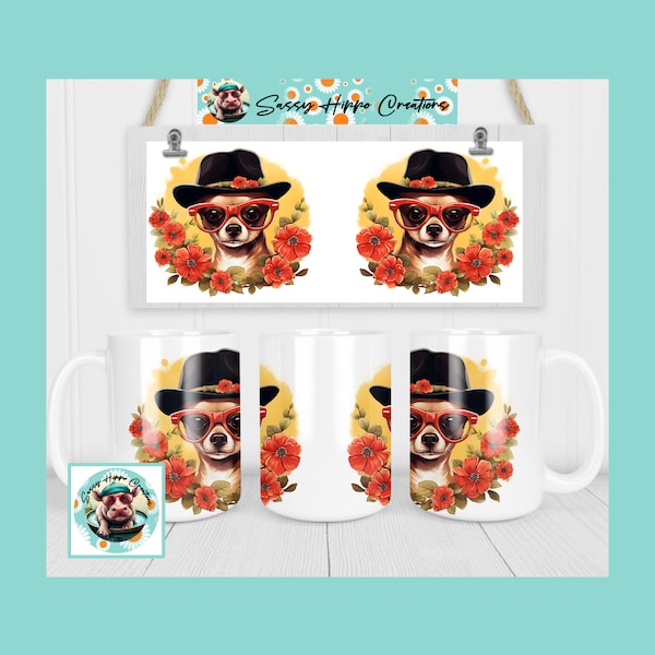 Ceramic Coffee Mug Chihuahua Dog Puppy Hat Anthropomorphic Flowers 15oz Hand Sublimated by Sassy Hippo Creations