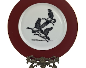 Richard E Bishop Etsningsplatta Specialutgåva Kanadagäss 10 3/4" Vintage 1982 Guldkant Röd Kant A-5