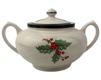 Cuthbertson Christmas Tree Lidded Sugar Bowl Holly Red/White Berries Vintage Wide Green Trim Holiday Made in England