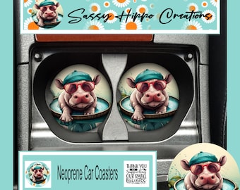 Car Coasters Hippopotamus Anthropomorphic Hat and Glasses Set of 2 Neoprene Absorbent Hand Sublimated by Sassy Hippo Creations