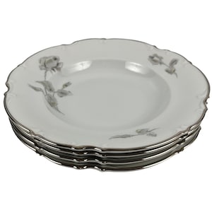 Hutschenreuther Gray Rose Rim Soup Bowls Lot of 4 Vintage 8&quot; Sylvia Yellow Accent Platinum Trim Bavaria Made in Germany C