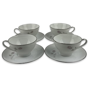 Noritake Pasadena Cups and Saucers Lot of 4 Vintage 6311 China Pink Gray Rosebuds Floral Platinum Trim Japan