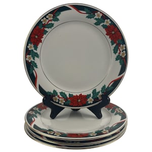 Tienshan DECK THE HALLS Salad Dessert Plates Lot of 4 Vintage 7 1/4&quot; Holiday Christmas Poinsettia