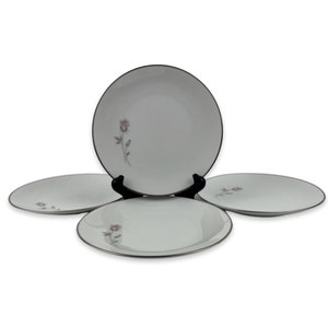 Noritake Pasadena Bread and Butter Plates Lot of 4 Vintage 6311 China 6 1/4" Pink Gray Rosebuds Floral Platinum Trim Japan