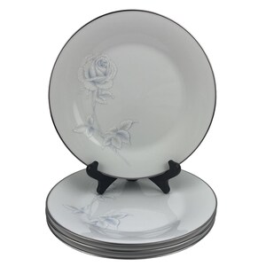 Noritake Virtue Salad Dessert Plates Set of 4 Vintage 8 1/4&quot; Blue Rose Platinum Trim 2934 Made in Japan