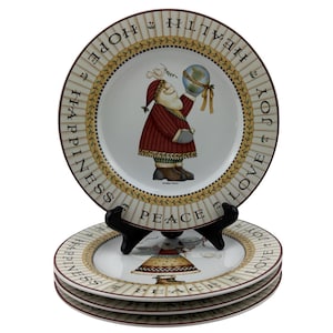 Debbie Mumm Joy To The World Salad Dessert Plates Set of 4 Vintage 8&quot; Sakura Dove Santa Bear Angel Snowman Christmas Holiday 2000