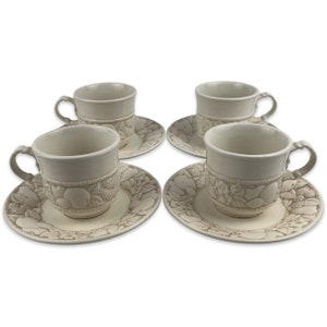Metlox Vernon Antiqua Cups and Saucers Lot of 4 Vintage Poppy Trail Embossed Fruit and Berry California Pottery Made in USA