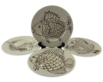 Fitz and Floyd Les Fish Brown Salad Dessert Plates Set of 4 Vintage 7 1/2" Various Brown Fish on Putty  1976 Made in Japan