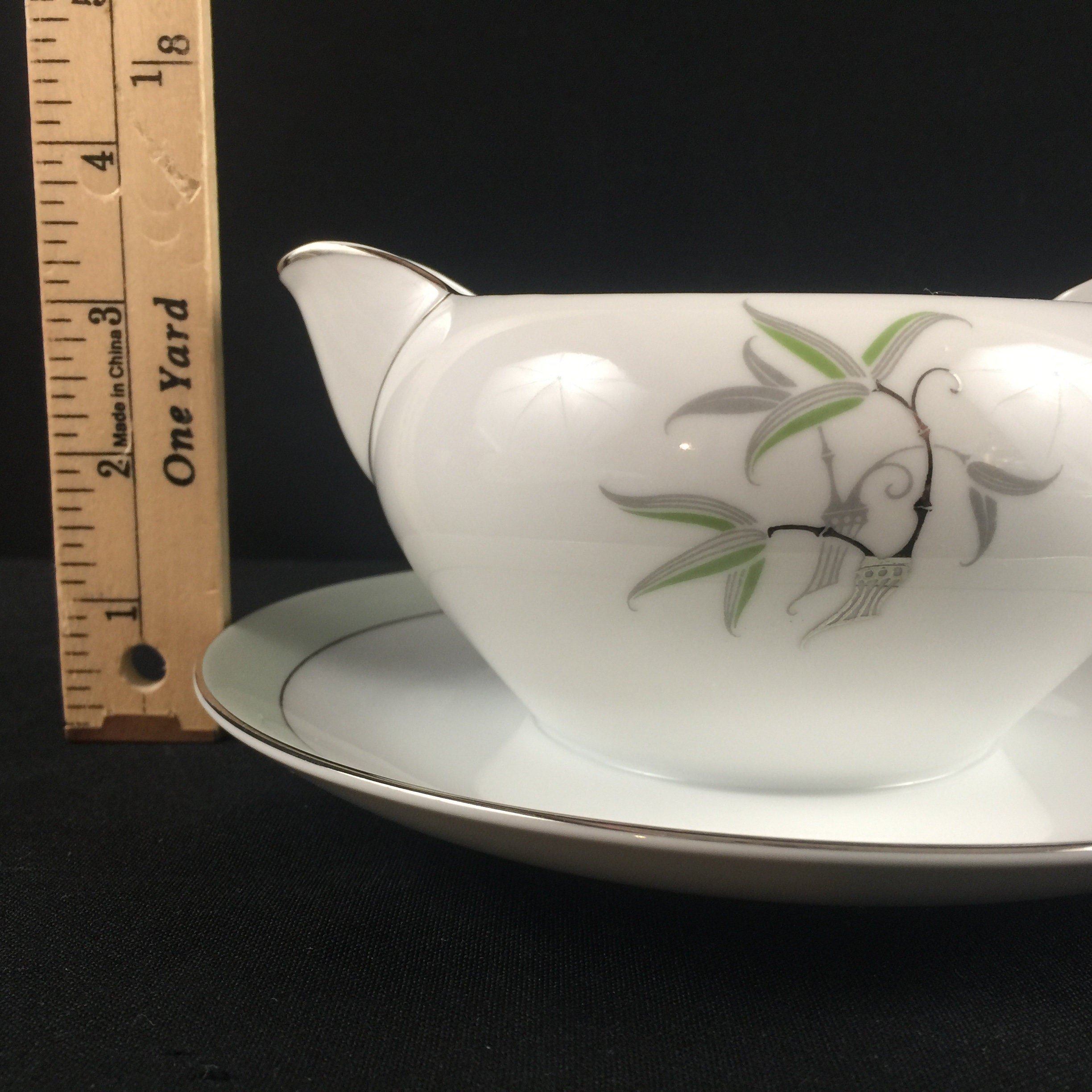 Vintage Gravy Boat Server With Attached Plate by Narumi China Southwind Bamboo Pattern