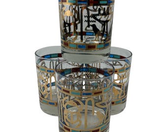 Couroc Egyptiska Hieroglyfer Gammaldags Lowball Glas Parti med 4 VTG MCM Samlarbar Barglas B