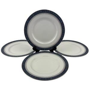 Royal Doulton Sherbrooke Salad Dessert Plates Lot of 4 Vintage 8&quot; Fine Bone China H5009 Slate Blue Black Scroll Platinum Trim England