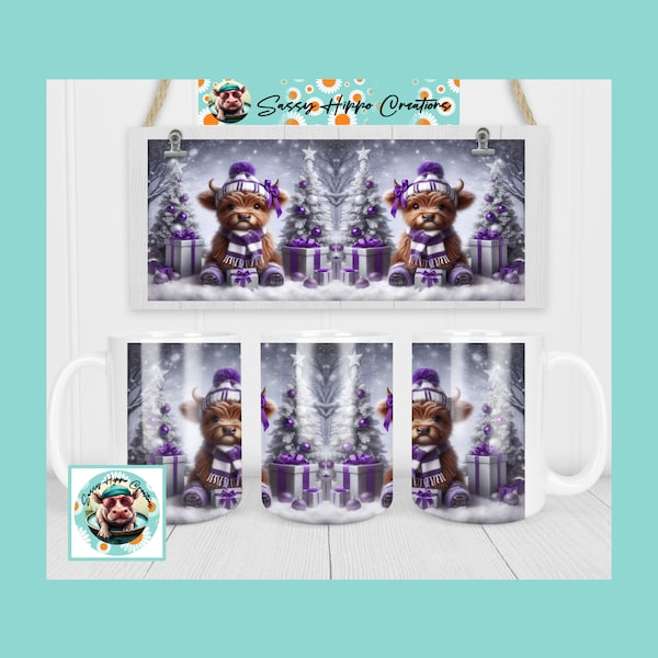 Ceramic Coffee Mug Adorable Highland Cow Calf Purple Christmas Holiday 15oz Hand Sublimated by Sassy Hippo Creations