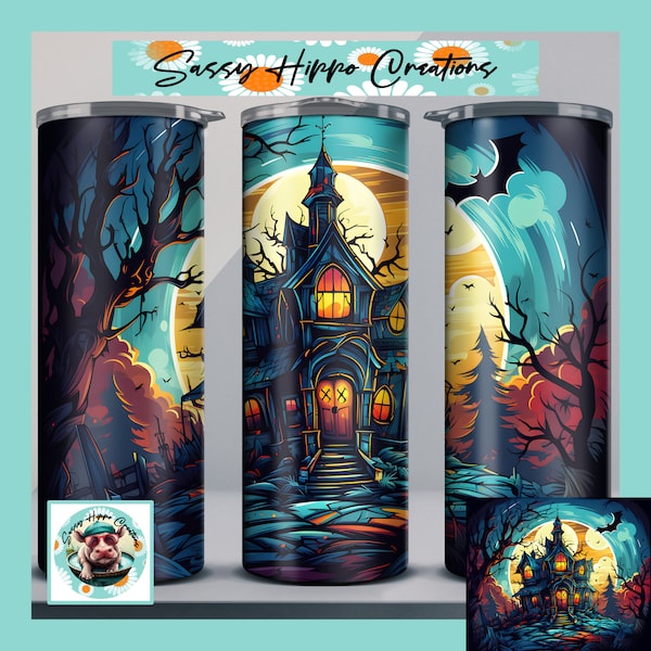 Skinny Tumbler Spooky Haunted House Happy Halloween 20oz Stainless-Steel Hand Sublimated by Sassy Hippo Creations