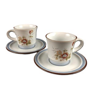 Noritake Eastwind Cups and Saucers Set of 2 Vintage Stoneware Mustard and Rust Floral Blue Band 8349 Made in Japan