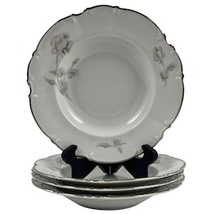 Hutschenreuther Gray Rose Rim Soup Bowls Set of 4 Vintage 8&quot; Sylvia Yellow Accent Platinum Trim Bavaria Made in Germany A