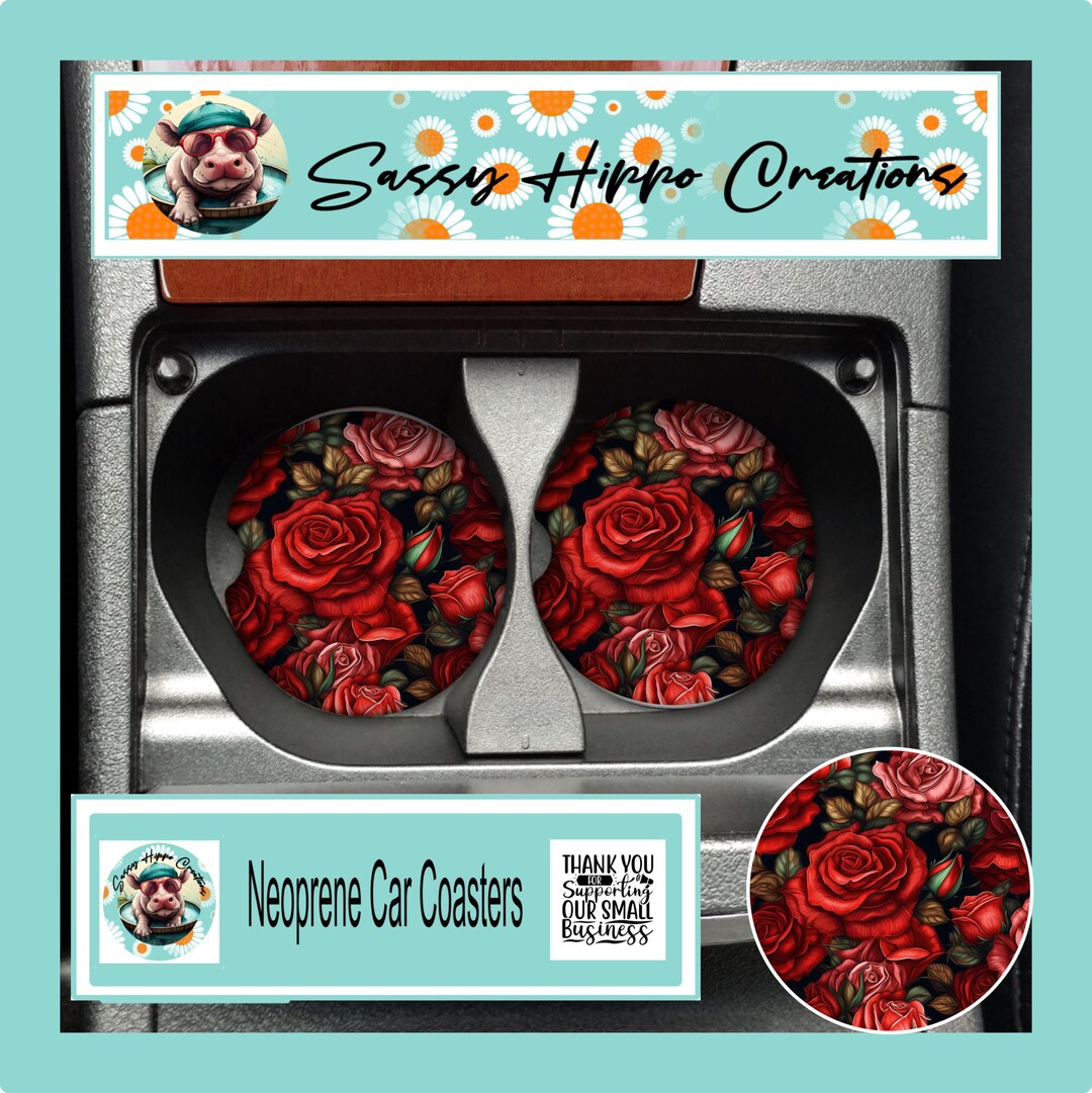 Car Coasters Shades of Red Roses Flowers Floral Set of 2 Neoprene ...