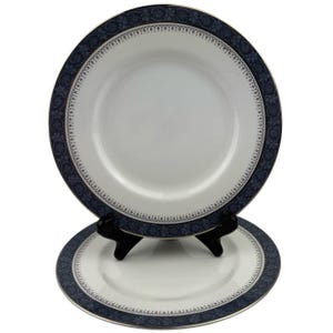 Royal Doulton Sherbrooke Salad Dessert Plates Set of 2 Vintage 8&quot; Fine Bone China H5009 Slate Blue Black Scroll Platinum Trim England