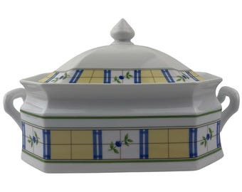 Casseruola ovale con coperchio Studio Nova Gingham Blue da 2 litri con bordo a quadri blu vintage e giallo e fiori blu Y0064