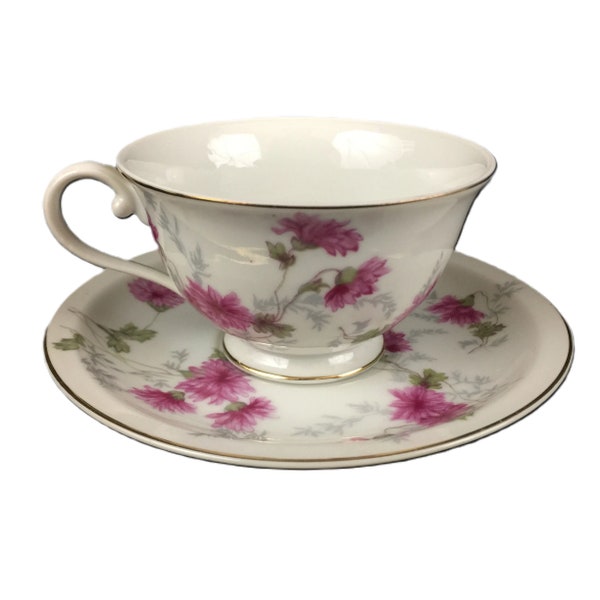 NS Nagoya Shokai Mountain Pink Cup and Saucer Vintage Ivory China Floral Made in Japan