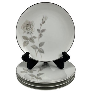 Noritake Melrose Bread and Butter Plates Set of 4 Vintage 6 1/4&quot; White with Pink Rose Floral Gray Leaves Platinum Trim Made in Japan
