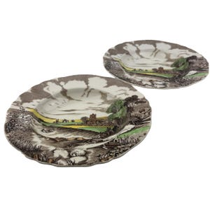 Alfred Meakin Pastoral Brown Multicolor Suppenschüsseln Set mit 2 Vintage 9 &quot;Handgemalten Multicolor Transferware Ironstone Made in England
