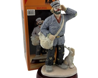 Flambro Emmett Kelly Jr. Figurine Mailman Sad Face Clown Dog Wood Base 8.75&quot; VTG 1990