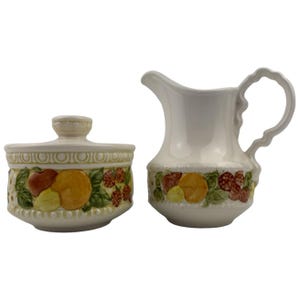 Metlox Della Robbia Lidded Sugar Bowl and Creamer Set Vintage Vernon Ware Poppytrail Fruit and Flowers Made in USA California