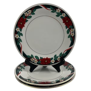 Tienshan DECK THE HALLS Salad Dessert Plates Set of 3 Vintage 7 1/4&quot; Holiday Christmas Poinsettia
