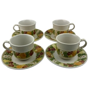 Metlox Della Robbia Cups and Saucers Lot of 4 Vintage Vernon Ware Poppytrail Fruit and Flowers Made in USA California