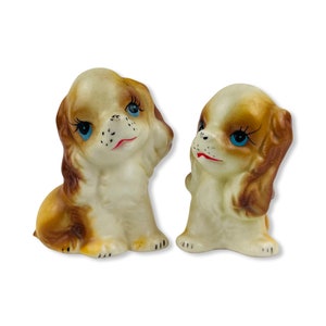 INARCO JAPAN Ceramic Dog Puppy Salt and Pepper Shakers Original Label Vintage 1970&#39;s