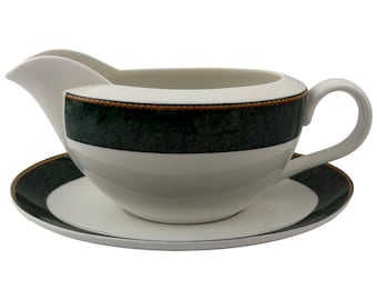 Sakura Holiday Abundance Gravy Boat with Unattached Underplate Vintage Hallmark Home Collection 1999 Green Band Mustard Rope Trim