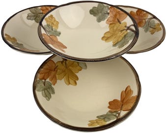 Franciscaanse ontbijtgranensoepkommen voor oktober Set van 4 vintage 7&quot; bruine en gele bladeren bruine rand Made in the USA