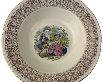 Homer Laughlin HLC490 Rimmed Soup Bowl Vintage 8 1/4" Gold Filigree Rim Liberty Shape Pastel People Colonial Couple Made in USA